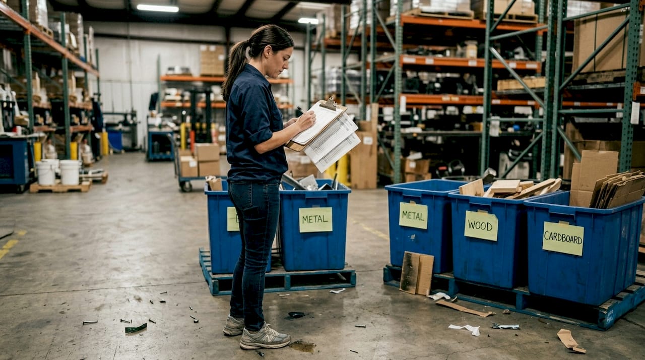 Coordinator documenting debris types with sorting bins
