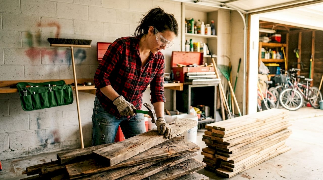 Removing nails for wood recycling in garage