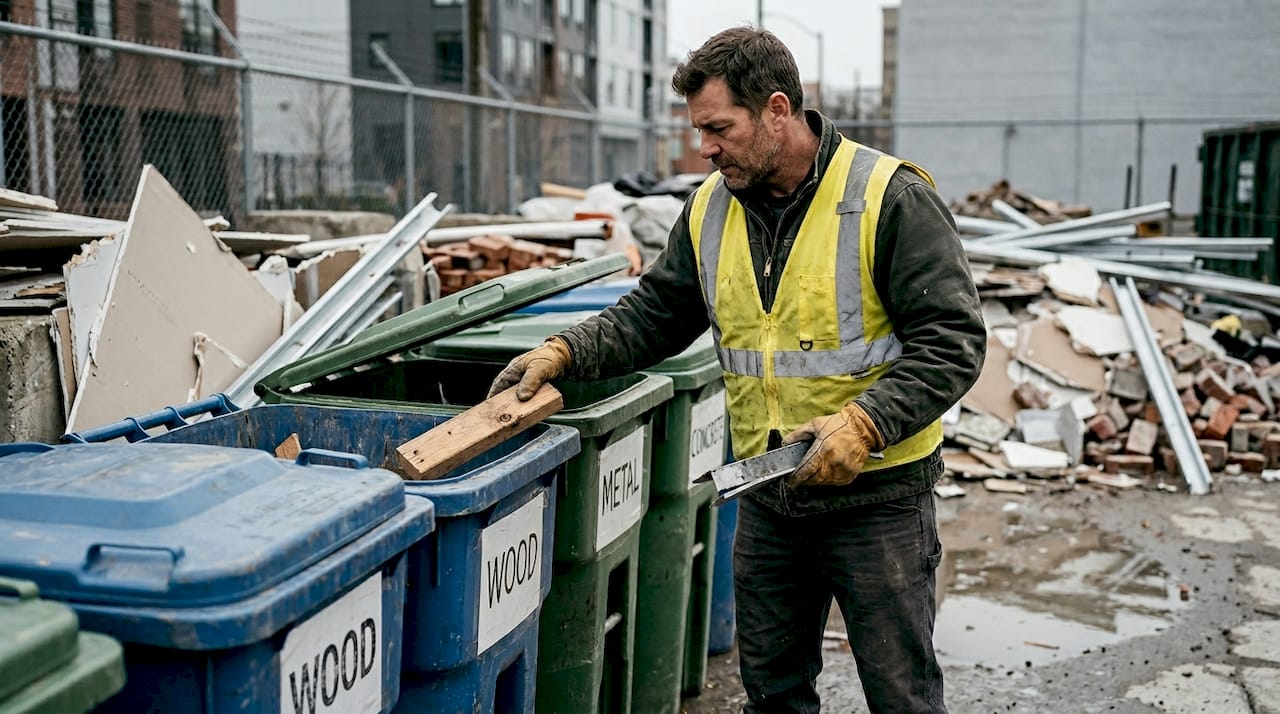 Contractor sorting debris at urban job site