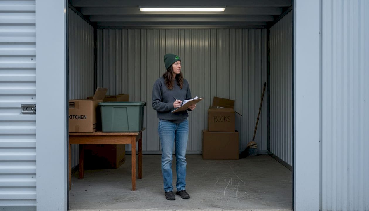 Person organizing storage unit clutter