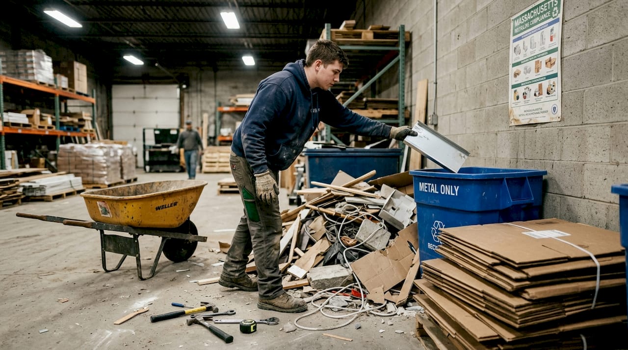Worker separating debris into recycling bins