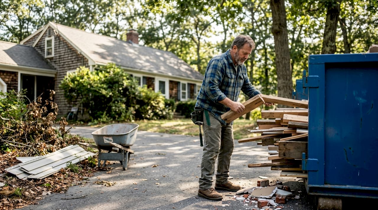 Contractor sorting debris into construction bin outside