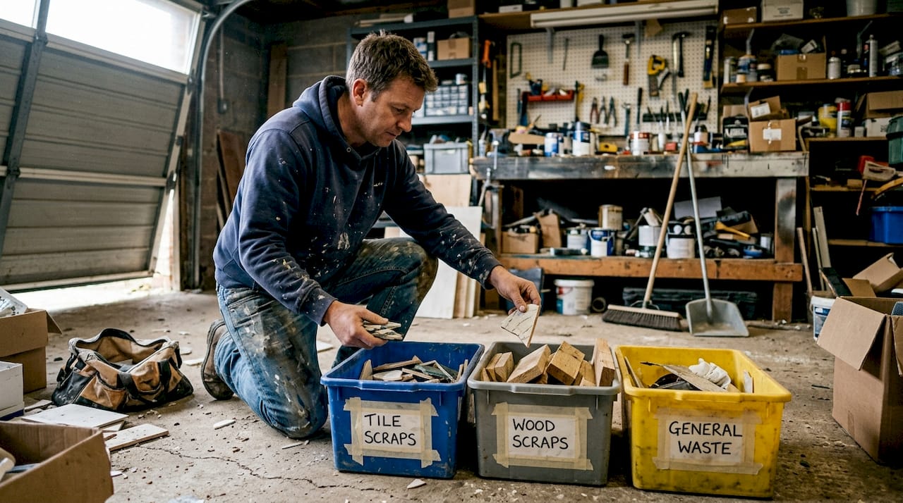 Homeowner sorts debris in labeled bins inside garage