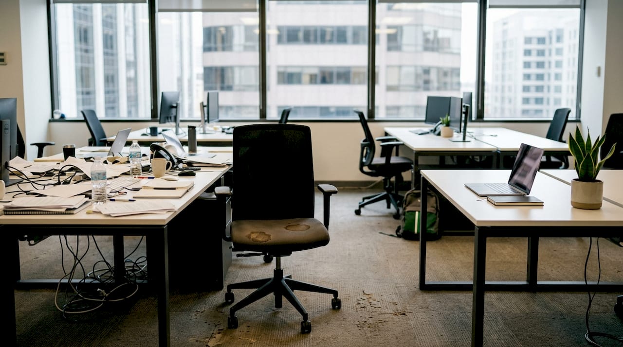 Contrast between cluttered and tidy office desks