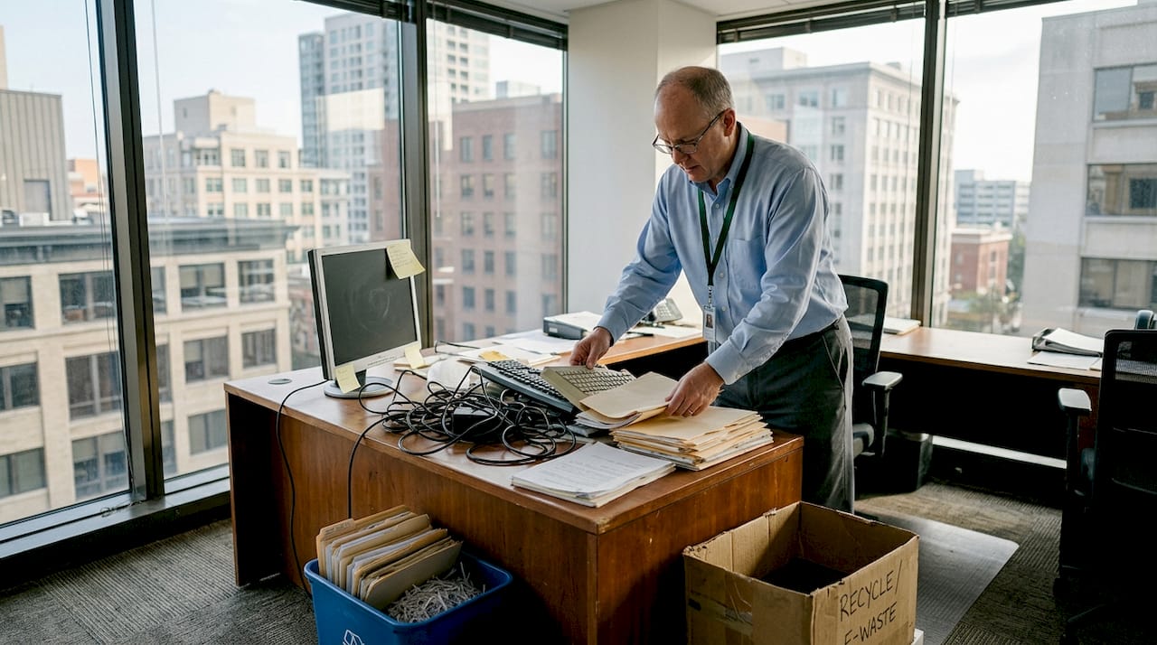 Office manager clearing clutter in city office