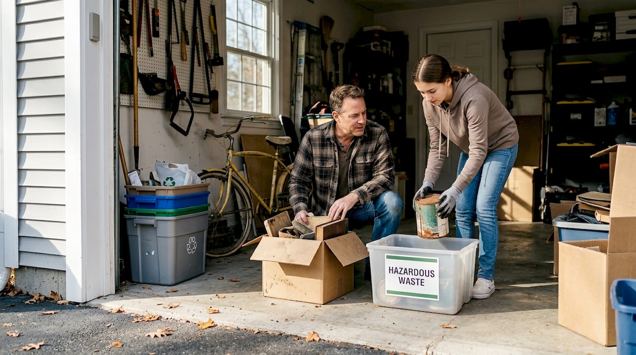 Family sorting clutter in Massachusetts garage