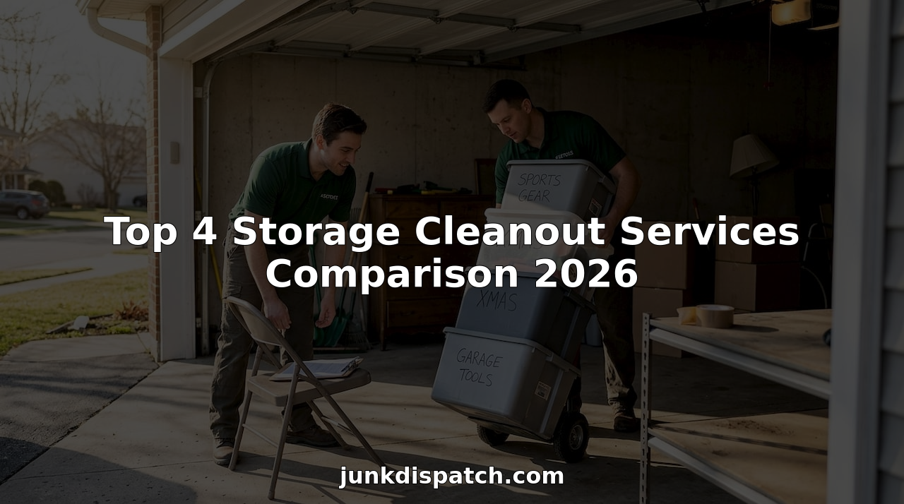 Movers clean out garage with boxes and dresser