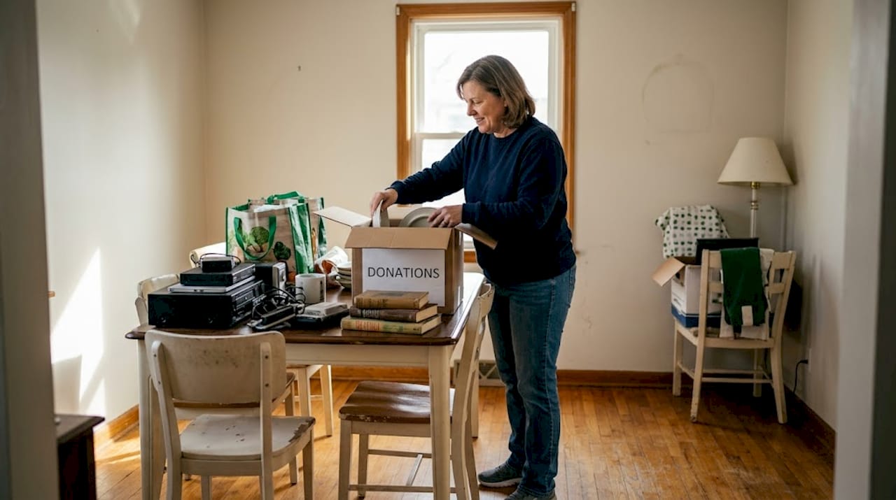 Woman sorting household items for donation