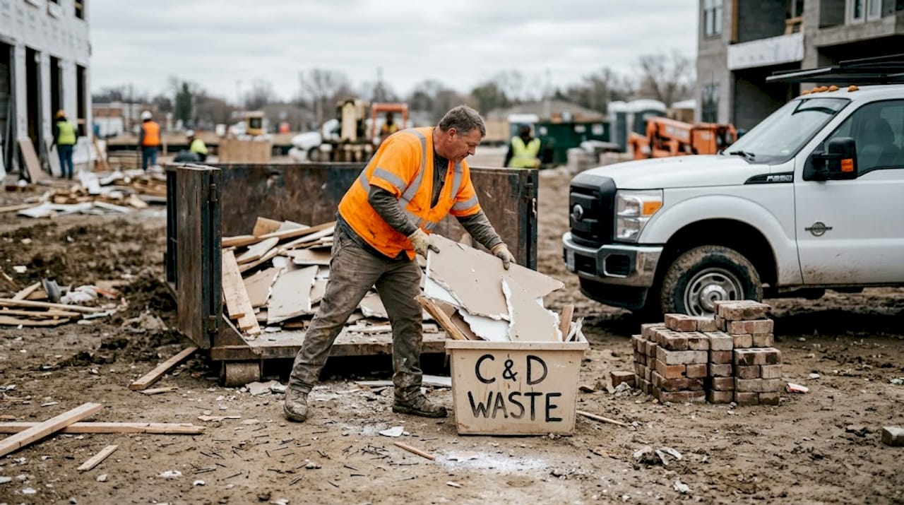 Worker sorting construction and demolition waste