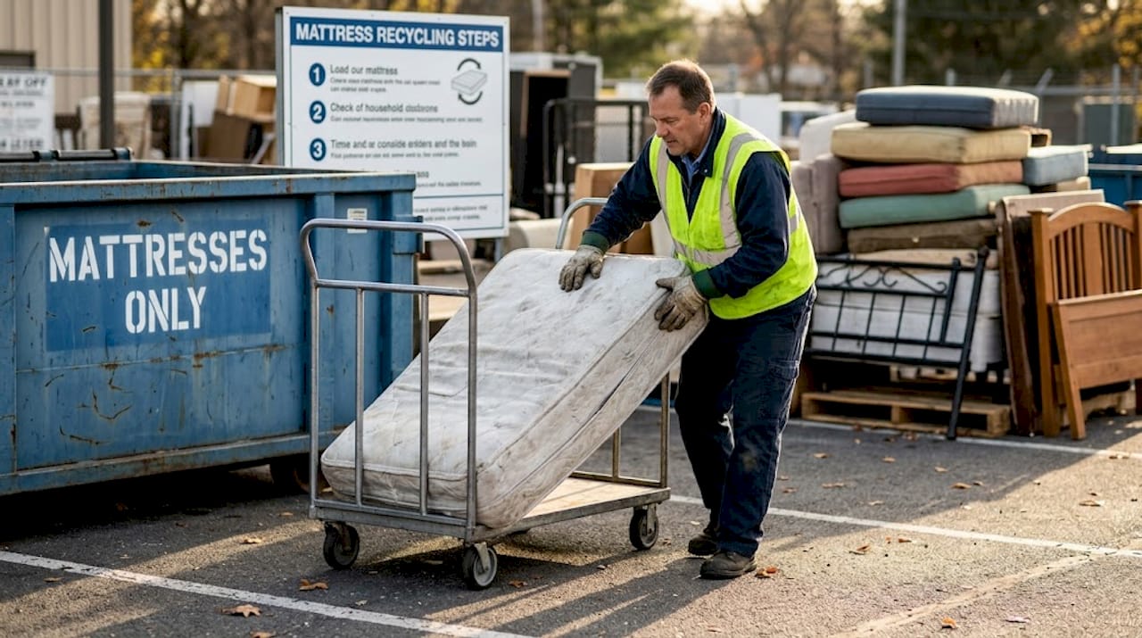 Worker moving mattress at recycling center