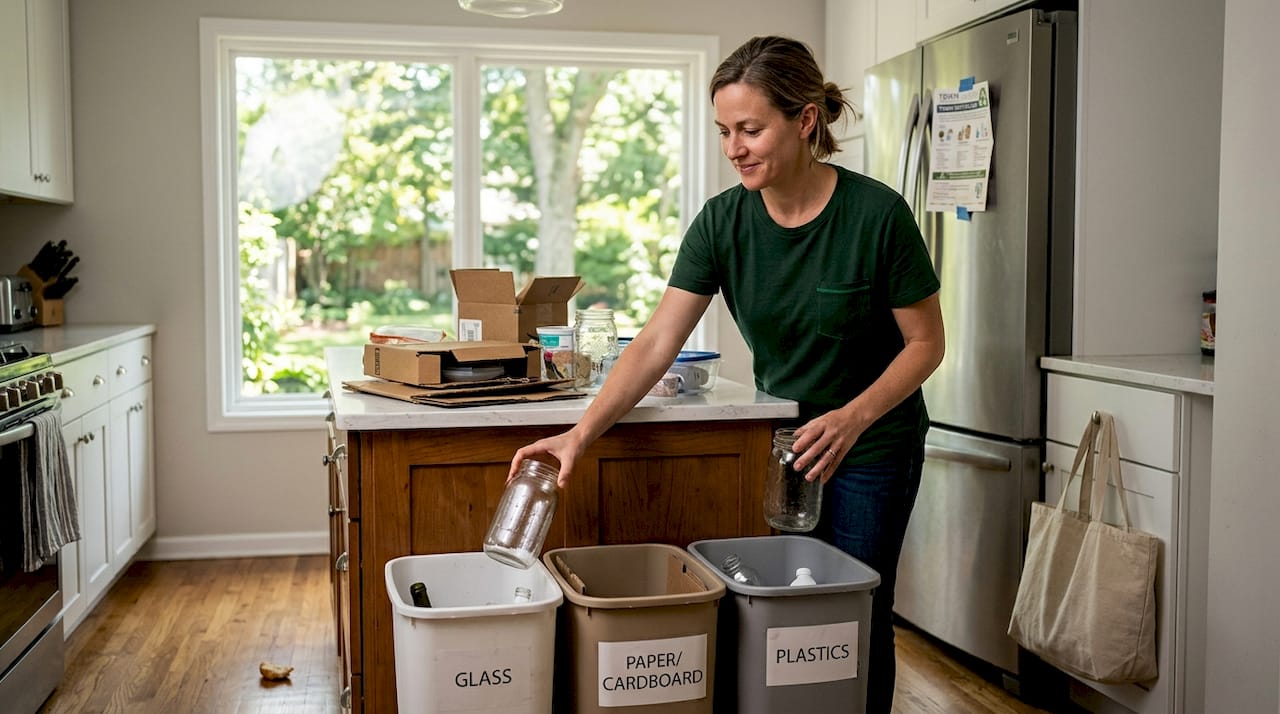 Woman sorting recyclables in bright kitchen