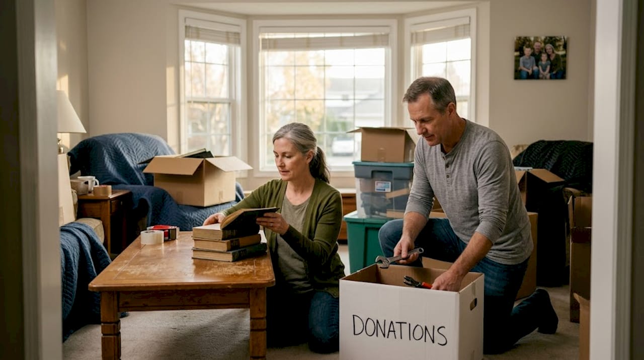 Homeowners sorting items during cleanout process