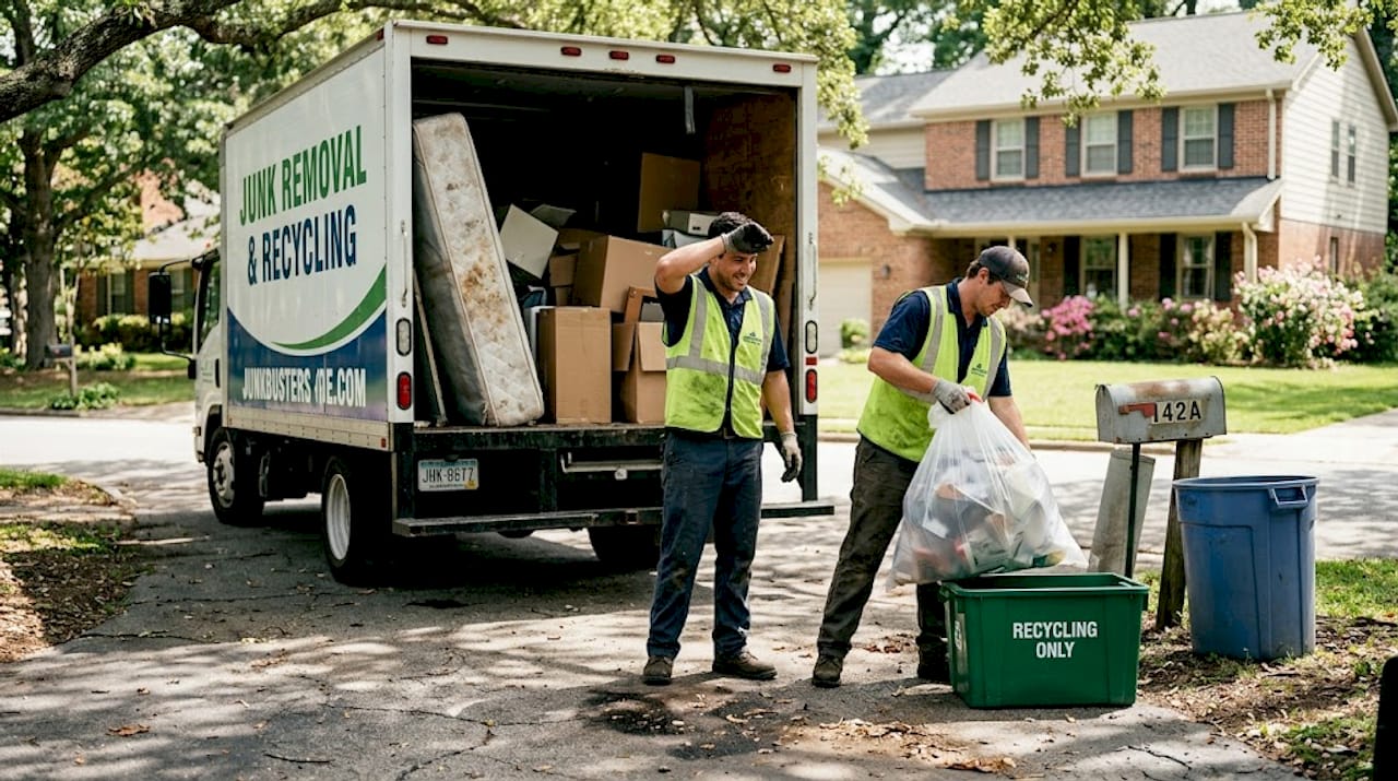 Crew loading items into junk removal truck