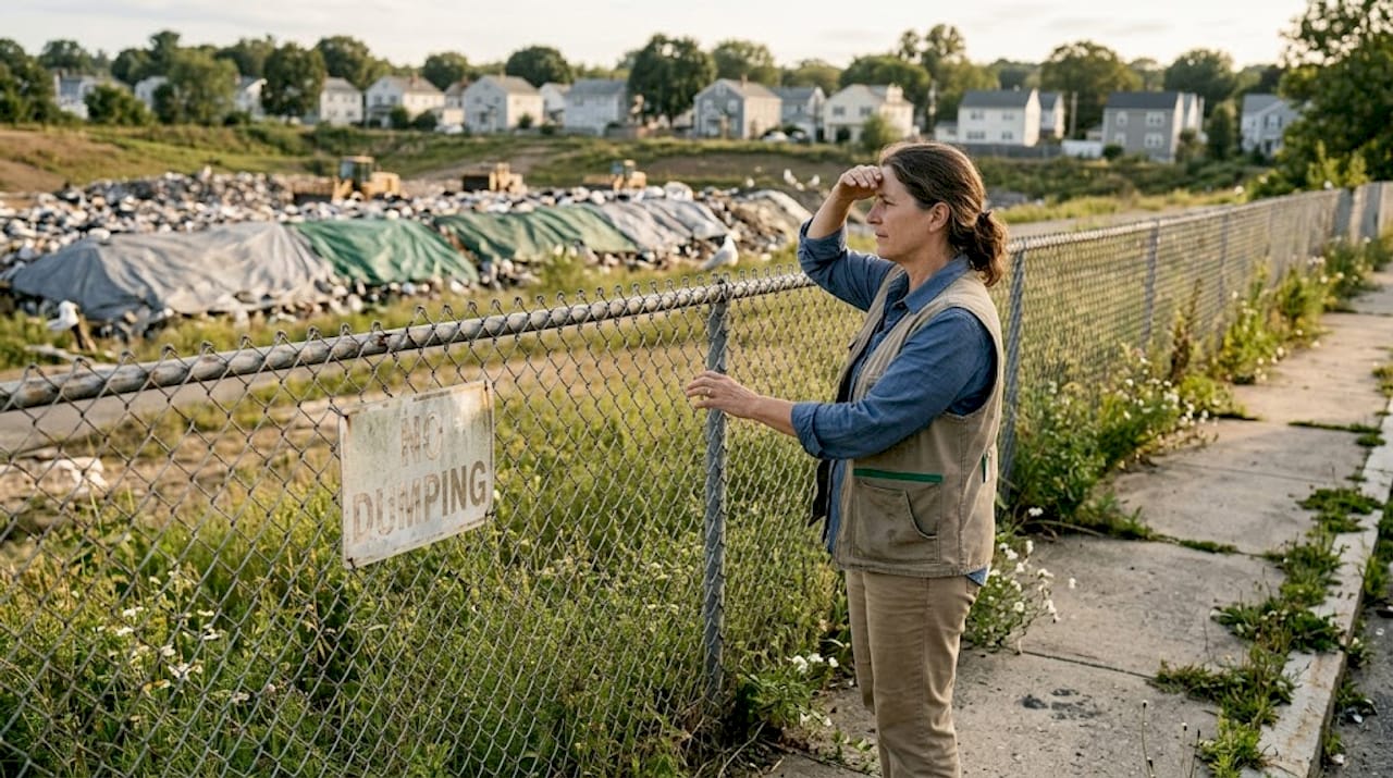 Woman observing landfill near Massachusetts homes