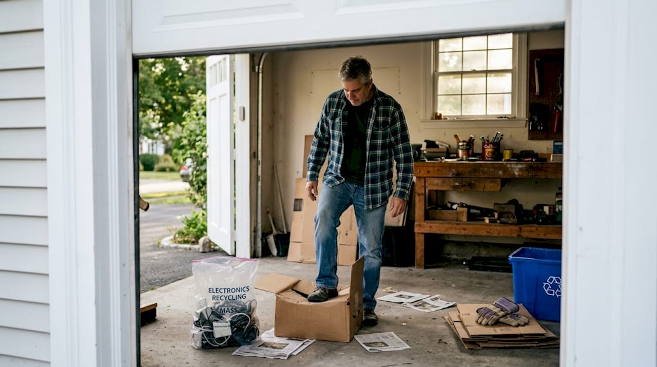 Man sorting junk in a suburban MA garage