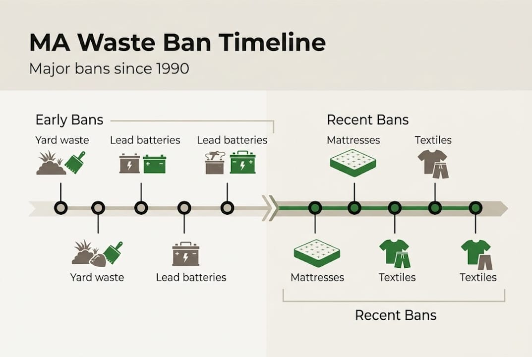 Timeline infographic of Massachusetts waste bans