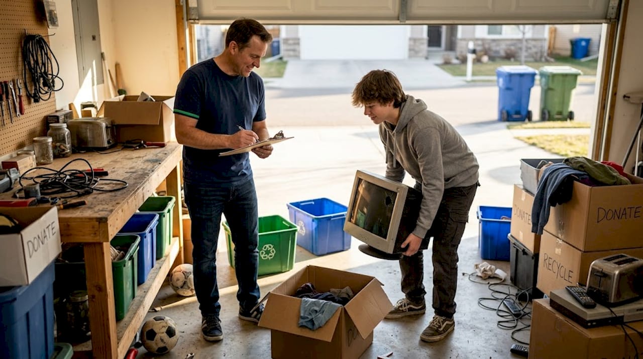 Family preparing bins for junk removal