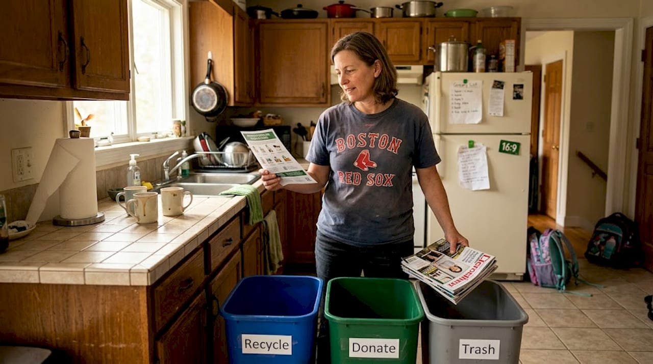 Woman sorting waste in Massachusetts kitchen