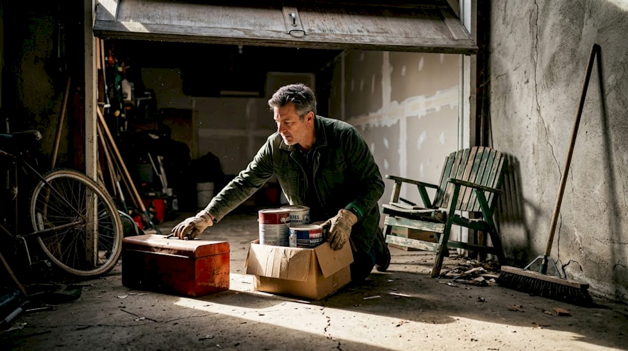Man organizing cluttered suburban garage floor