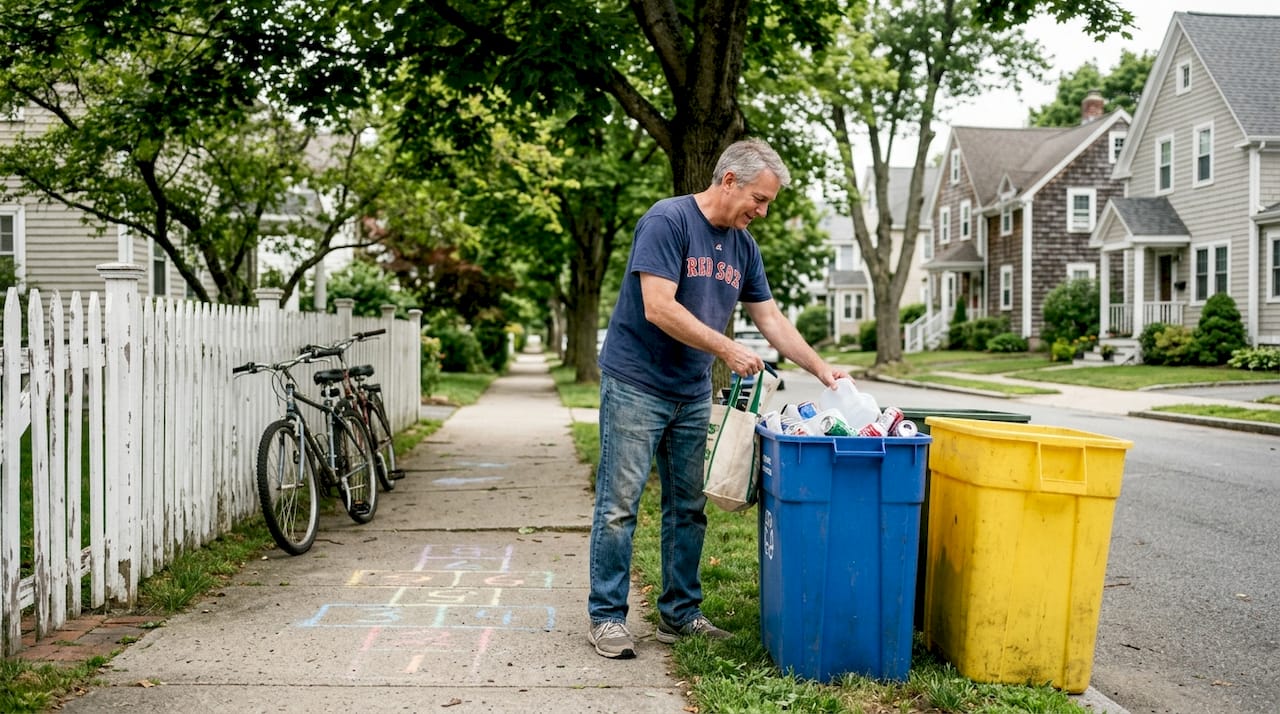 Man sorting recyclables on Massachusetts curb