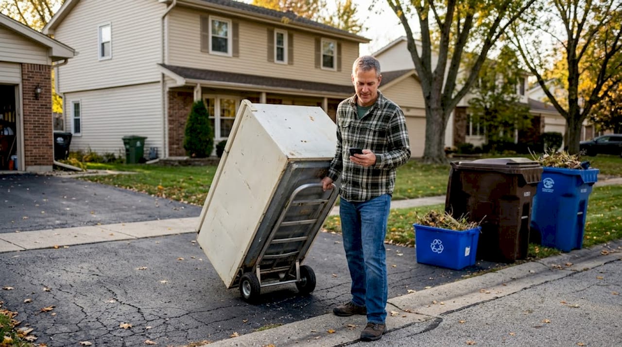 Man moving old refrigerator to curb for pickup