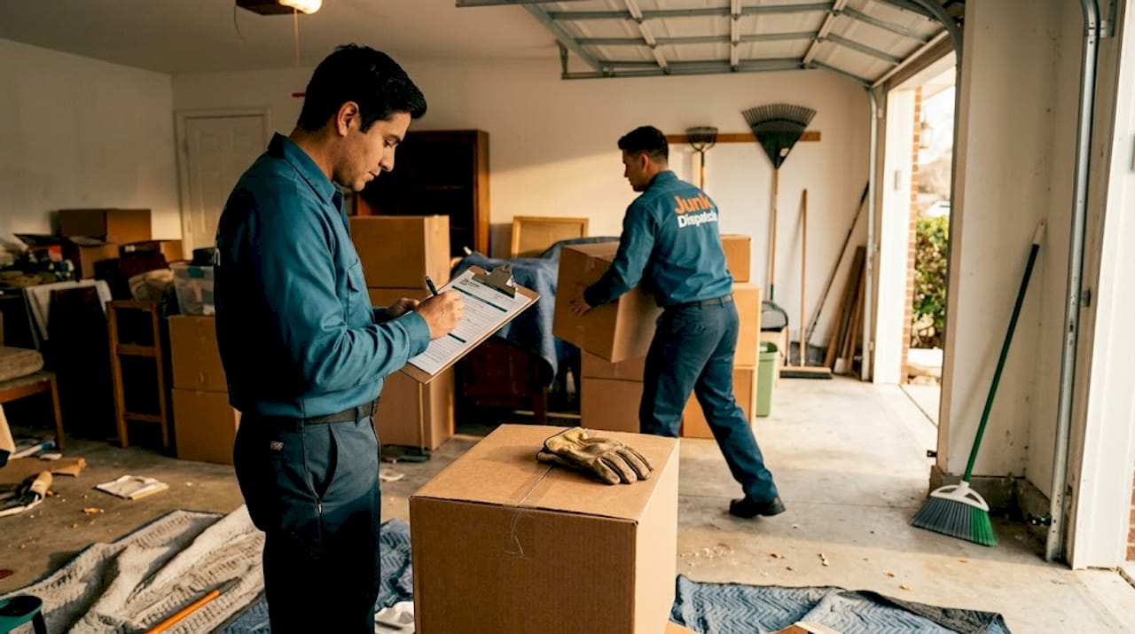 Junk removal crew with insurance paperwork in garage