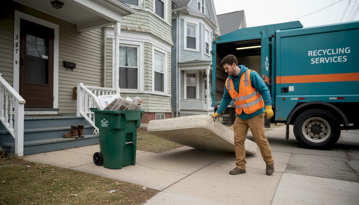 Junk removal worker handling mattress curbside