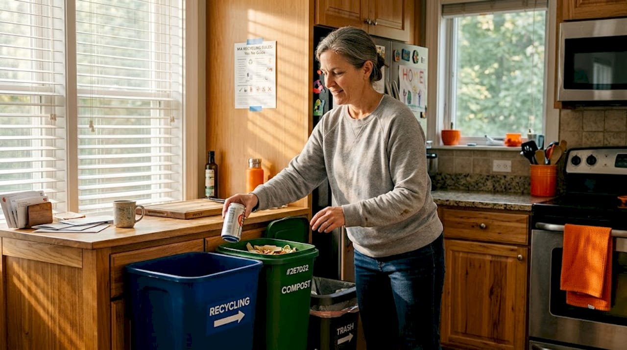 Woman sorting waste in Massachusetts kitchen