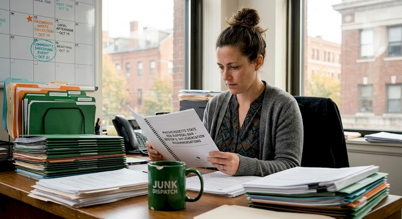 Administrator reviewing eco-disposal report in office