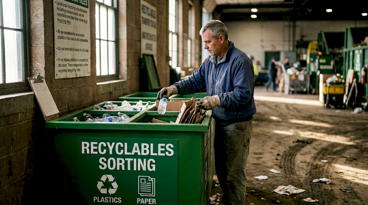Worker sorting recyclables in Massachusetts facility