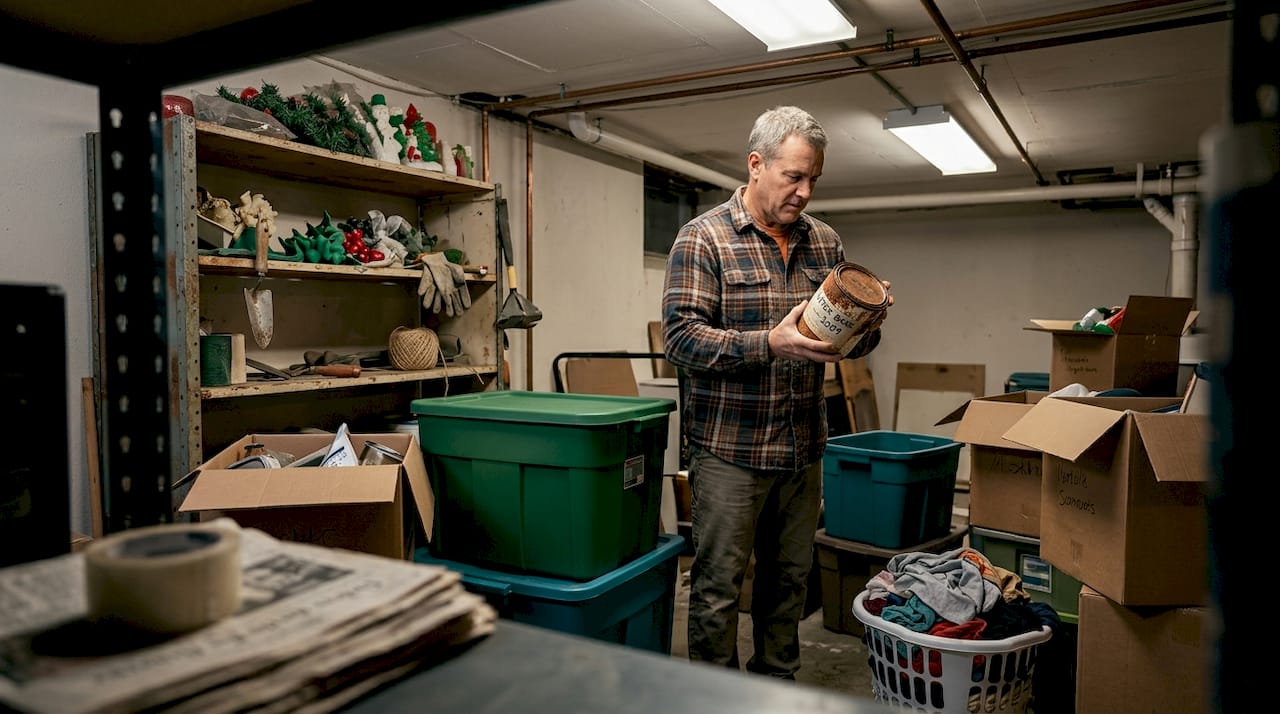 Man sorting storage items in basement
