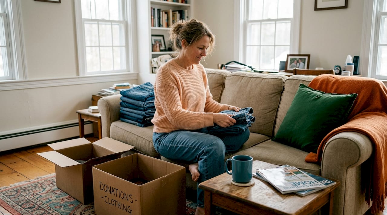 Woman sorting clothes in cozy living room