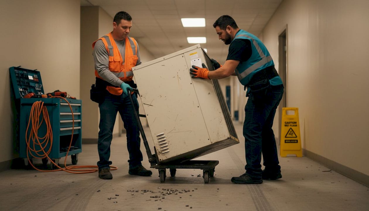 Workers carefully moving bulky HVAC unit