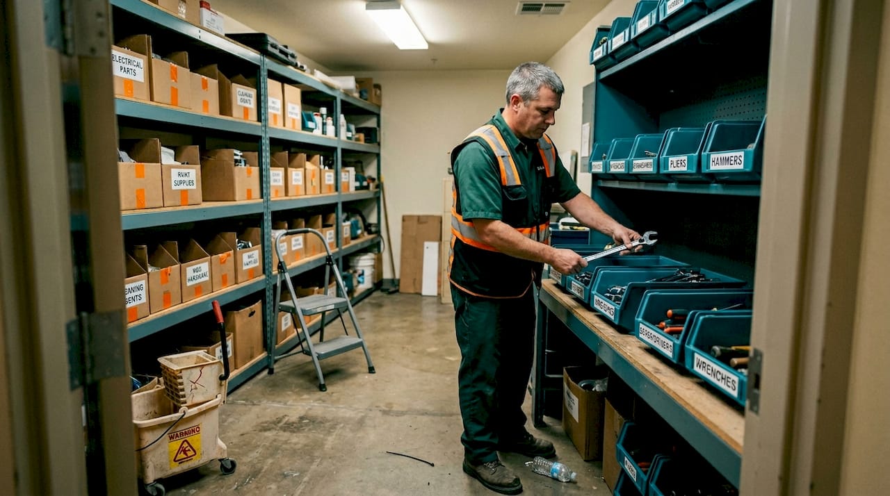 Maintenance worker organizes tools in storage room