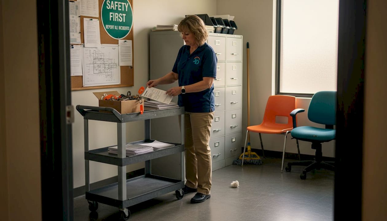 Facility manager organizes paperwork in maintenance office