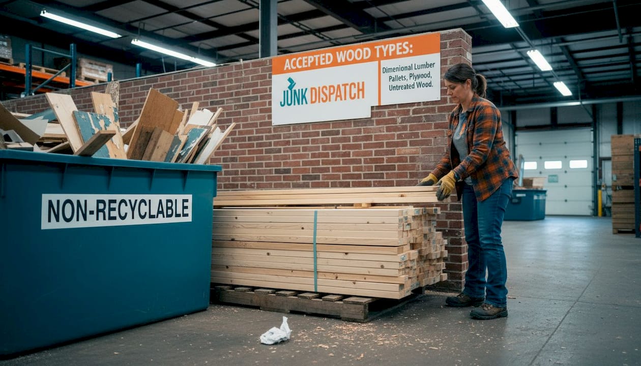 Worker sorting commercial wood debris