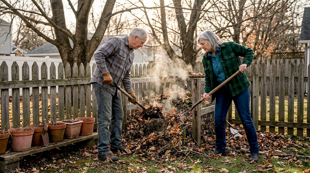 Couple adding leaves to backyard compost pile