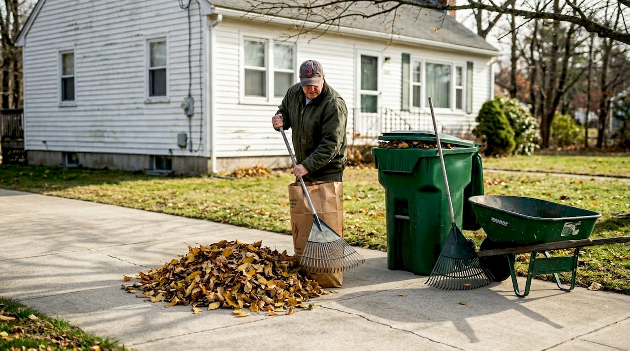 Homeowner clearing yard waste into compost bag