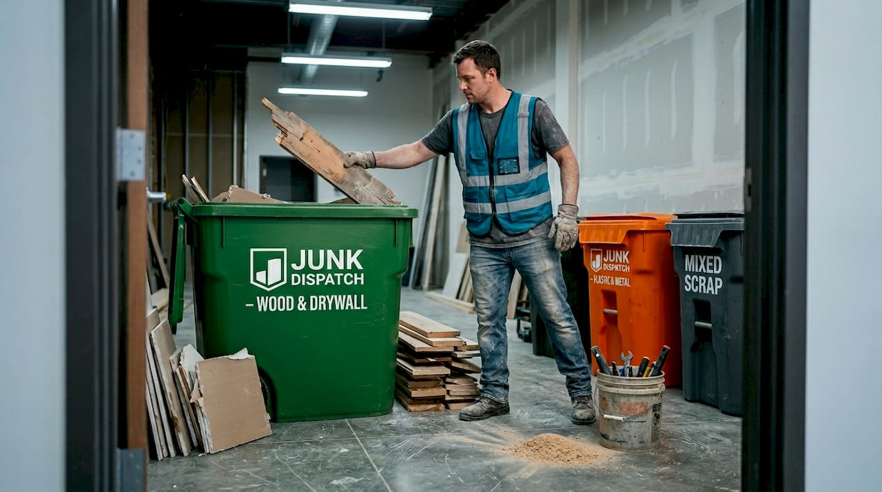 Worker sorting debris into color-coded bins