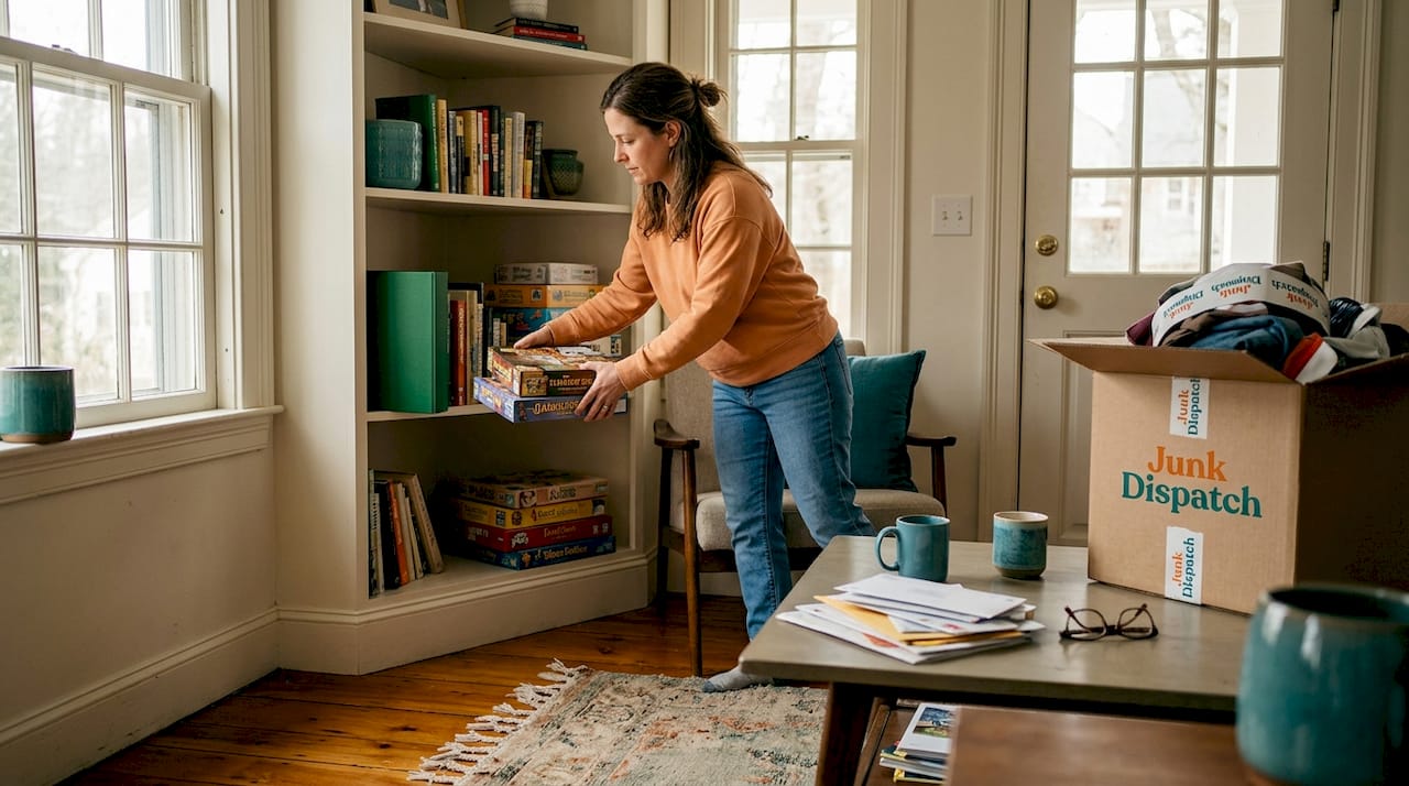Woman organizing cluttered Massachusetts living room