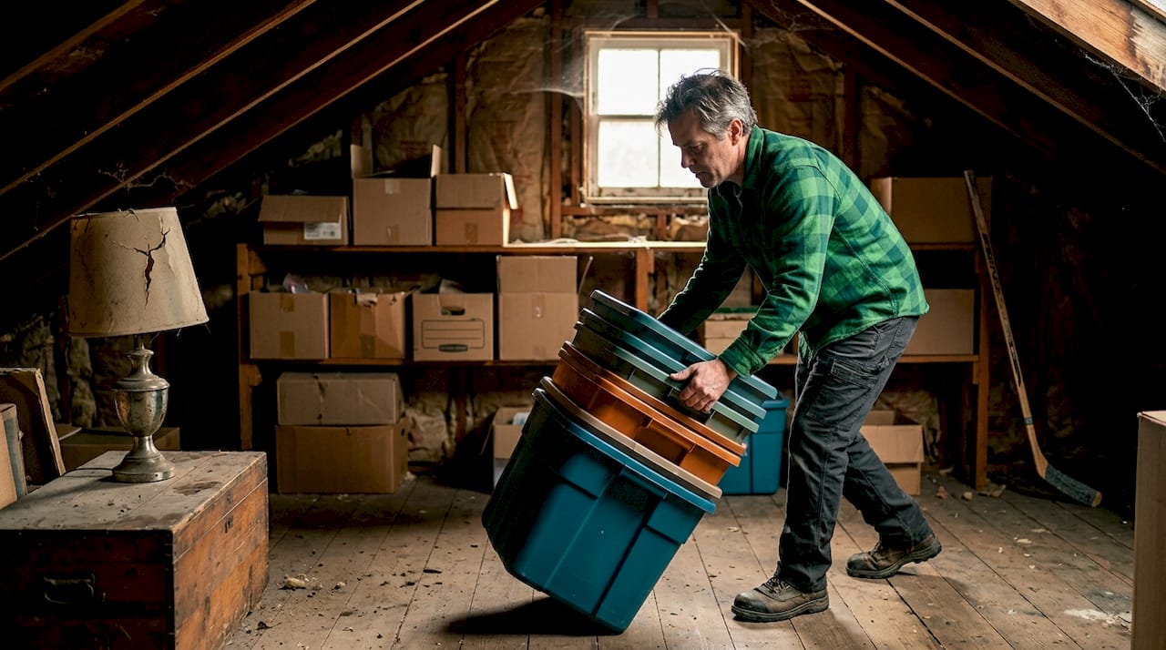 Man decluttering cluttered Massachusetts attic