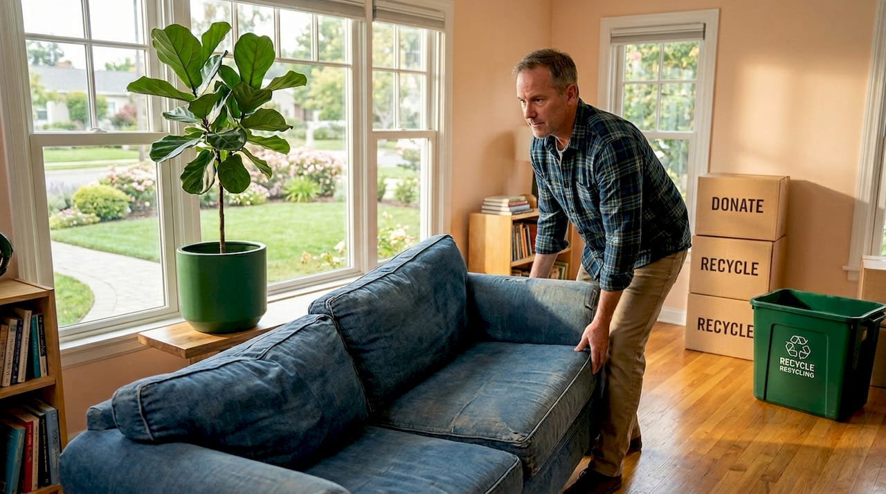 Man moving sofa in bright Massachusetts living room