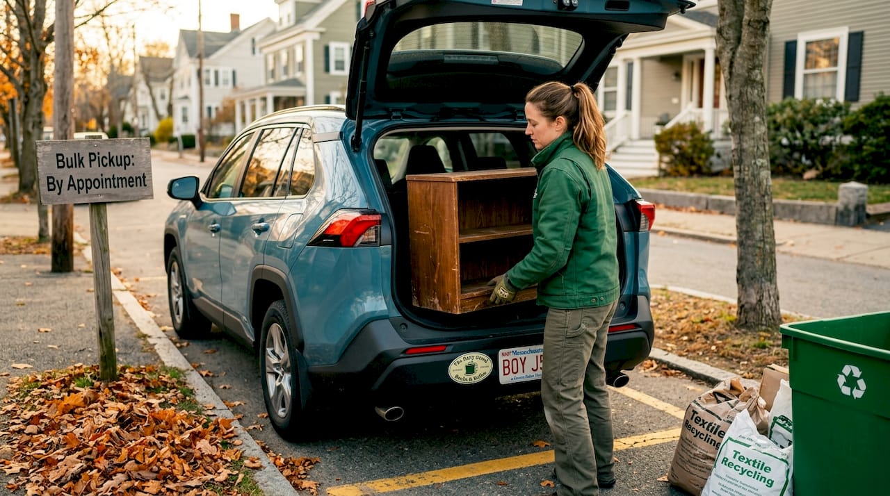 Woman loading furniture for eco-friendly curbside disposal