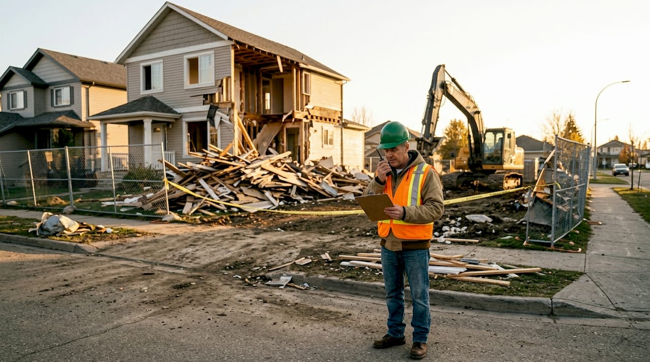 Foreman checks clipboard at home demolition site