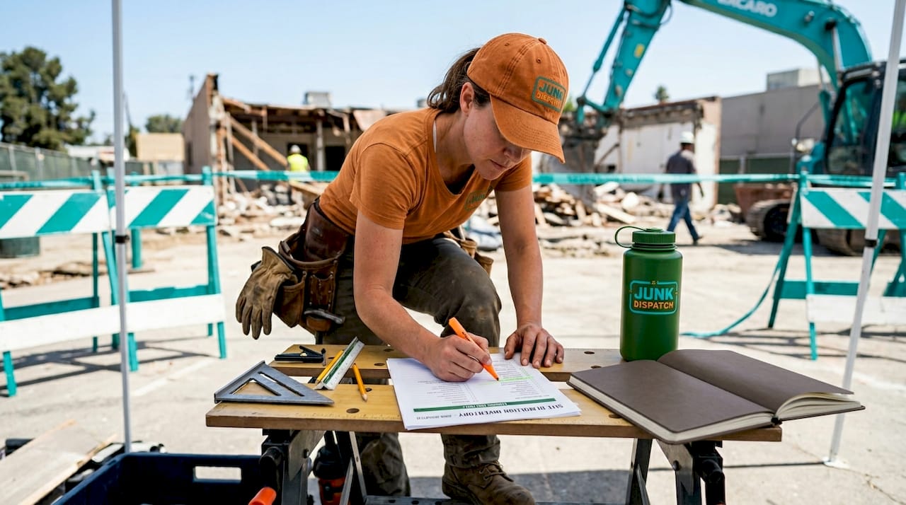 Contractor reviews demolition site checklist outdoors