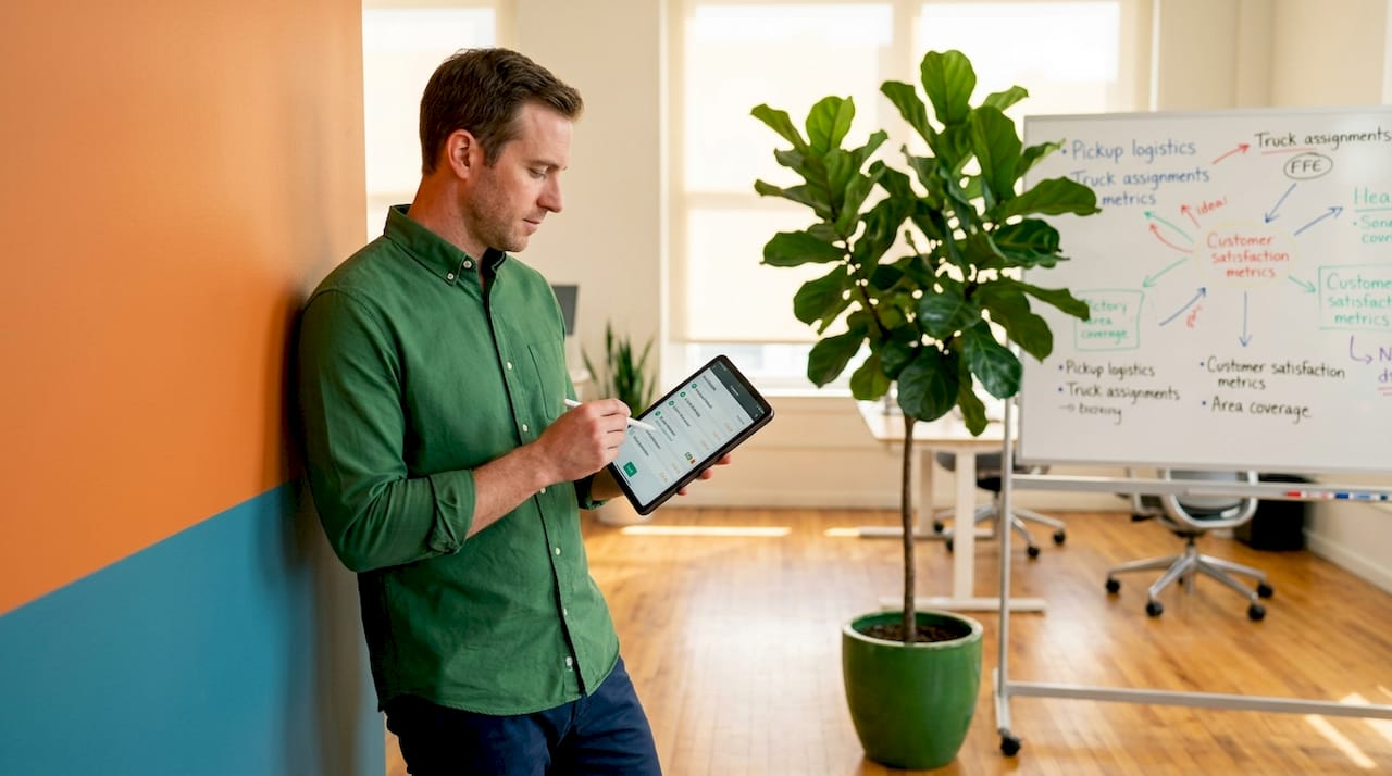Man organizing workflow at standing desk
