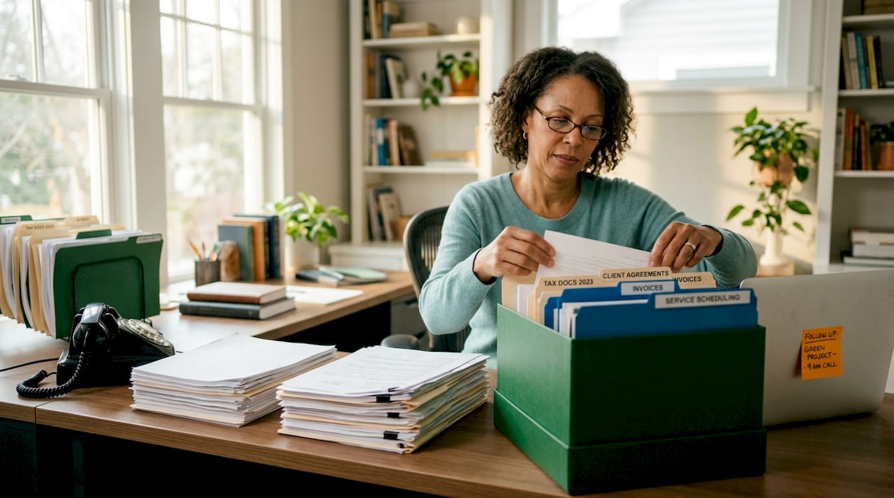Woman organizing paperwork in real office