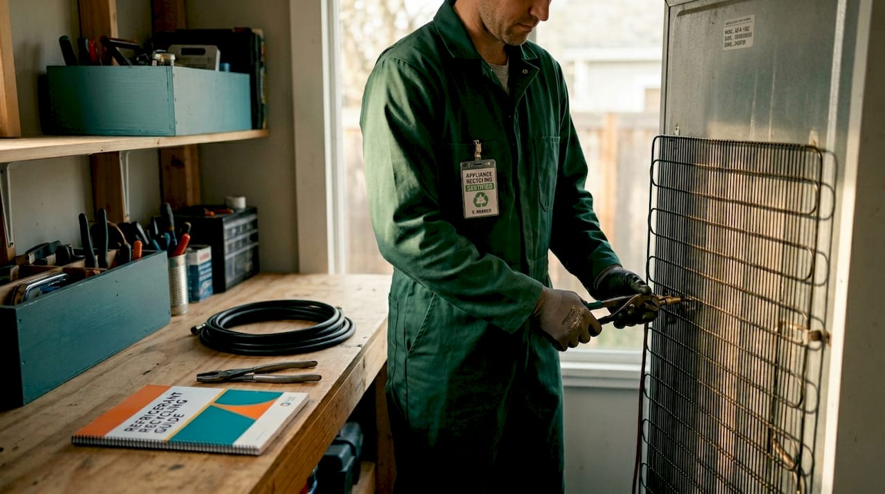 Technician recovers refrigerant from old fridge
