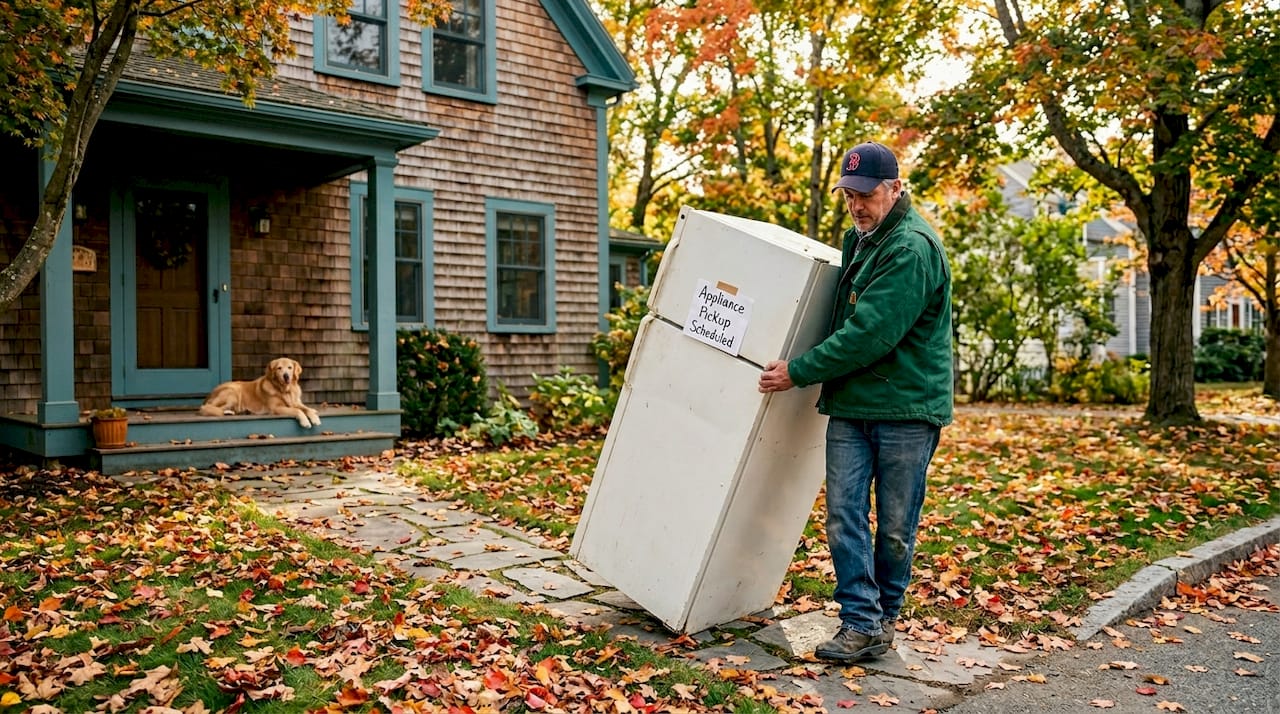 Homeowner wheels refrigerator to curb for recycling