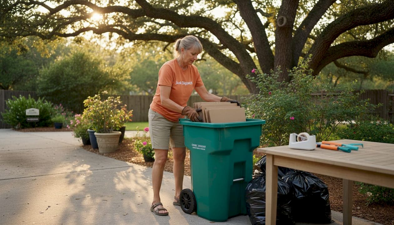 Woman packing debris in driveway for removal